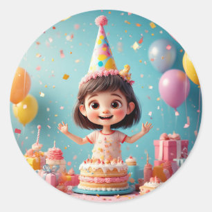 🎉 Joyful Girl Birthday Cake Party Classic Round Sticker