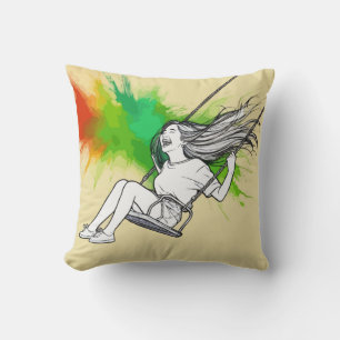Joyful Girl on Swing – Vibrant Splash of Colours Cushion