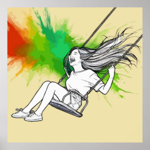 Joyful Girl on Swing – Vibrant Splash of Colours Poster