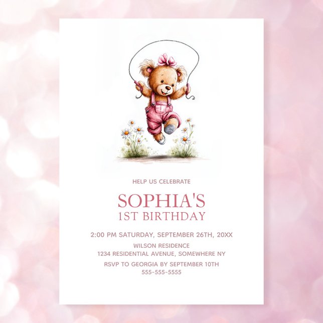 Joyful Girl Teddy Bear 1st Birthday Invitation (Creator Uploaded)