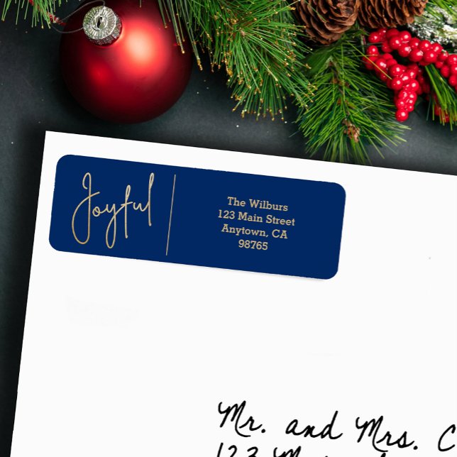 JOYFUL Gold and Blue Christmas Return Address Label (JOYFUL Faux Gold Foil on Blue Return Address Labels)