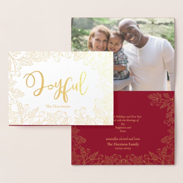 Joyful Gold Berries Burgundy Christmas Photo Foil Card (Display)