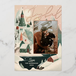 Joyful. Gold Christmas mountain village landscape Foil Holiday Card