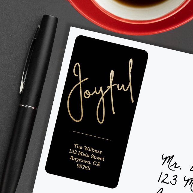 JOYFUL Gold Faux Foil Black Christmas Address Label (JOYFUL Faux Gold Foil on Black Return Address Labels)
