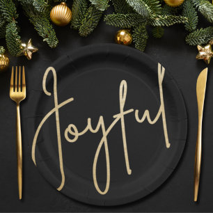 JOYFUL Gold Faux Foil Black Holiday Paper Plate