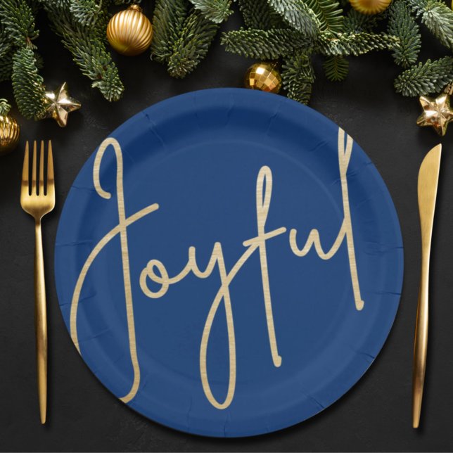 JOYFUL Gold Faux Foil Blue Christmas Paper Plate (Creator Uploaded)