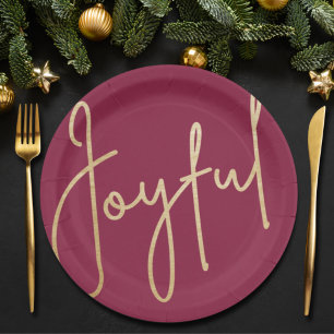 JOYFUL Gold Faux Foil Cranberry Christmas Paper Plate