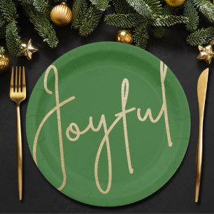 JOYFUL Gold Faux Foil Green Christmas Paper Plate