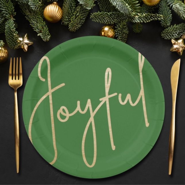 JOYFUL Gold Faux Foil Green Christmas Paper Plate (Creator Uploaded)