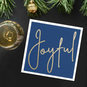 JOYFUL Gold Faux Foil on Blue Napkin