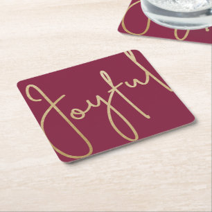 JOYFUL Gold Faux Foil on Cranberry Square Paper Coaster