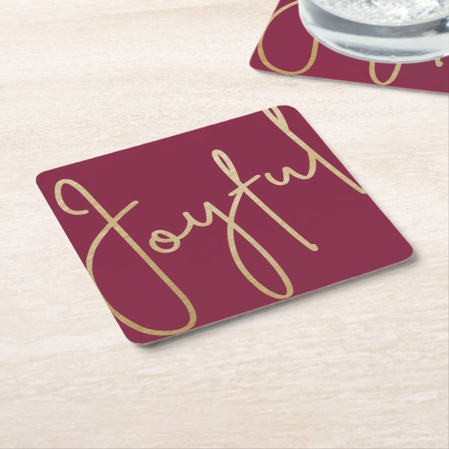 JOYFUL Gold Faux Foil on Cranberry Square Paper Coaster (Angled)