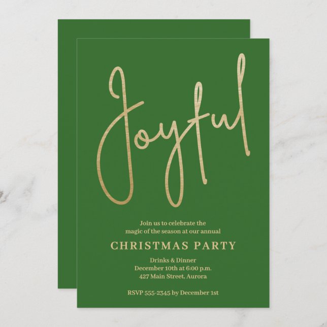 JOYFUL Gold Faux Foil on Green Christmas Party Invitation (Front/Back)