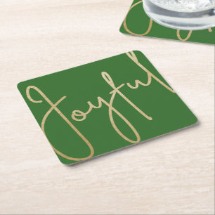 JOYFUL Gold Faux Foil on Green Square Paper Coaster