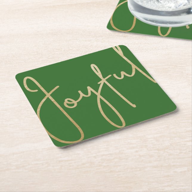 JOYFUL Gold Faux Foil on Green Square Paper Coaster (Angled)