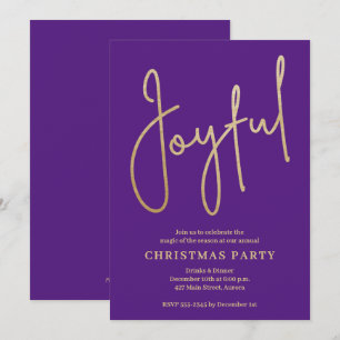 JOYFUL Gold Faux Foil on Purple Christmas Party Invitation