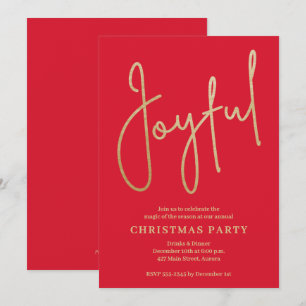 JOYFUL Gold Faux Foil on Red Christmas Party Invitation