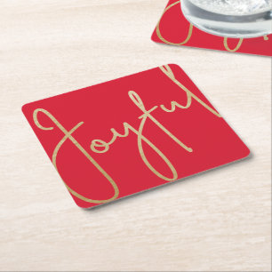 JOYFUL Gold Faux Foil on Red Square Paper Coaster