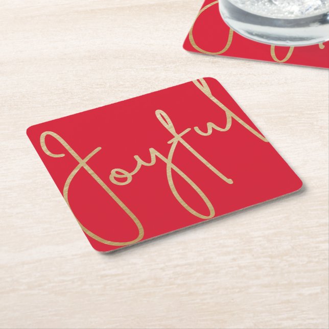 JOYFUL Gold Faux Foil on Red Square Paper Coaster (Angled)