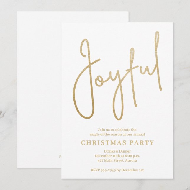 JOYFUL Gold Faux Foil on White Christmas Party Invitation (Front/Back)