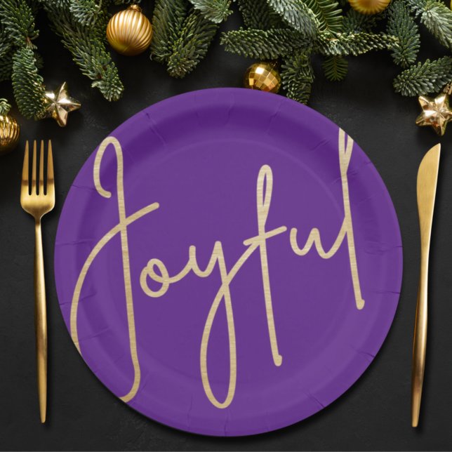 JOYFUL Gold Faux Foil Purple Christmas Paper Plate (Creator Uploaded)