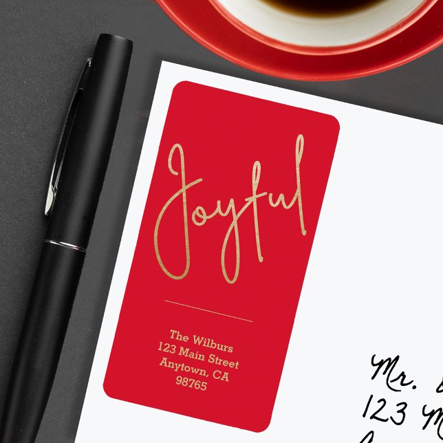 JOYFUL Gold Faux Foil Red Christmas Address Label (JOYFUL Faux Gold Foil on Red  Return Address Labels)