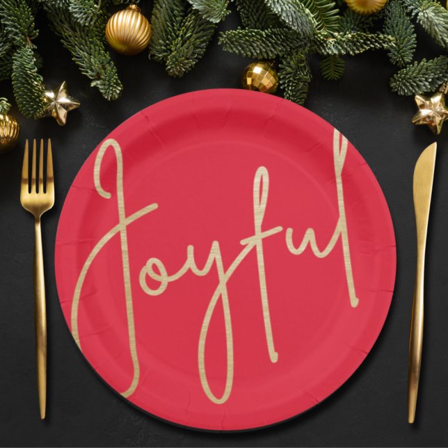 JOYFUL Gold Faux Foil Red Christmas Paper Plate (Creator Uploaded)