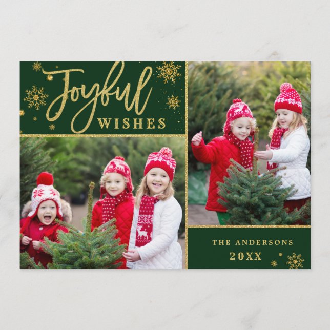 Joyful Gold Frame Christmas 2 PHOTO Greeting Holiday Card (Front)