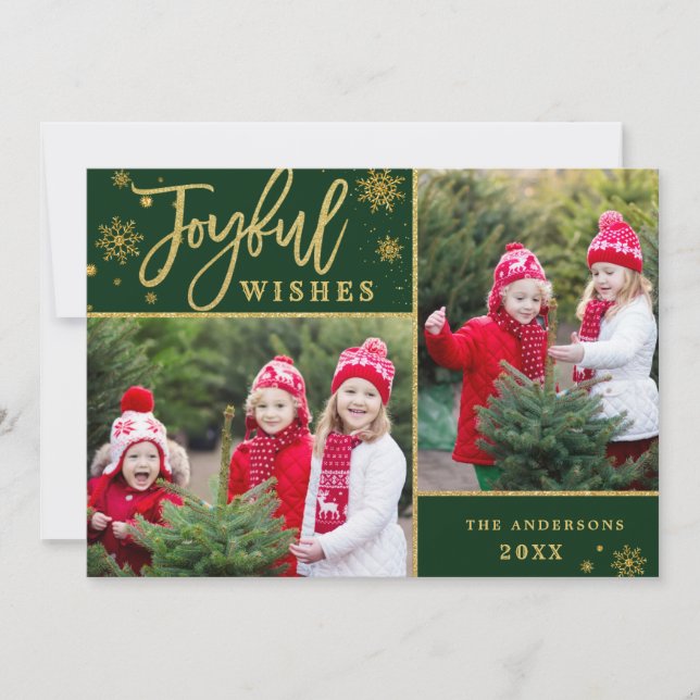 Joyful Gold Frame Modern Script 2 PHOTO Greeting Holiday Card (Front)