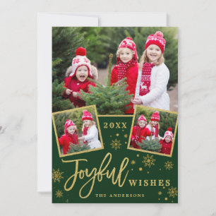 Joyful Gold Frame Modern Script 3 PHOTO Greeting Holiday Card