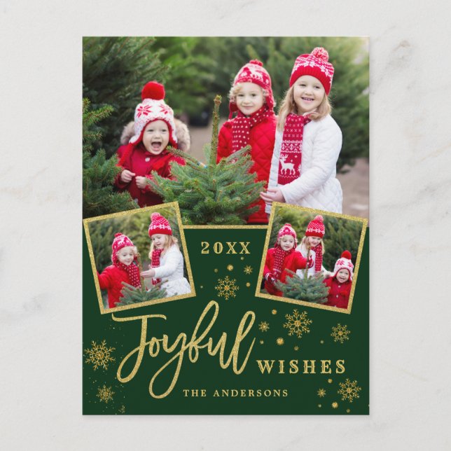 Joyful Gold Frame Modern Script 3 PHOTO Greeting Postcard (Front)