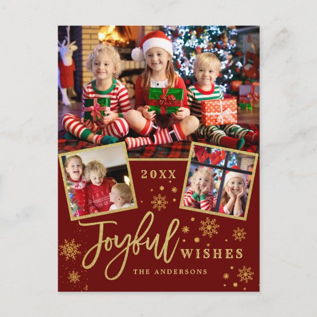Joyful Gold Frame Modern Script 3 PHOTO Greeting Postcard (Front)