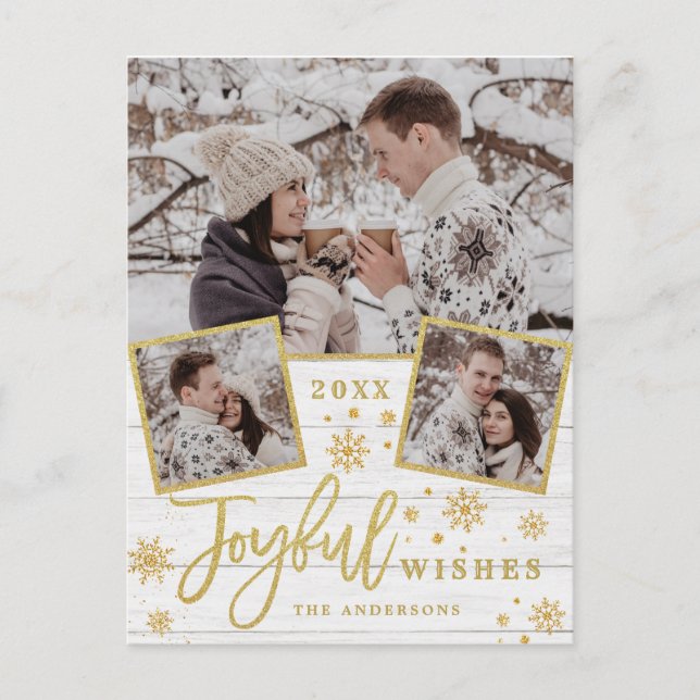 Joyful Gold Frame Modern Script 4 PHOTO Greeting Postcard (Front)