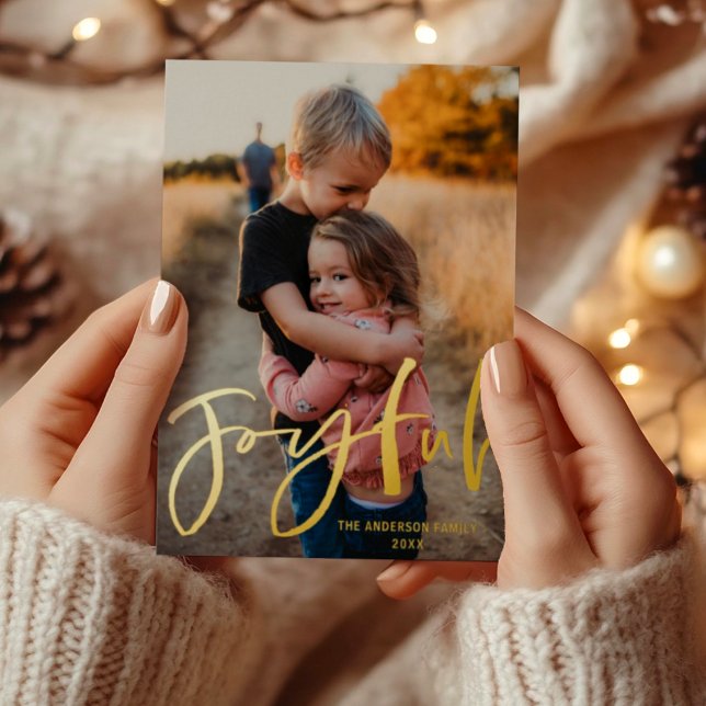 Joyful Gold Script Foil Photo Christmas Foil Holid Foil Holiday Postcard (Creator Uploaded)