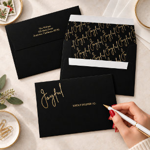 JOYFUL Gold Script on Black Christmas Envelope
