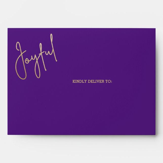JOYFUL Gold Script on Purple Christmas Envelope (Front)