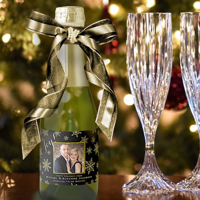 Joyful Gold Snowflakes with Photo Holiday Mini Sparkling Wine Label (In Situ with Bow and Glasses)