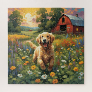Joyful Golden Retriever frolicking on the ranch Jigsaw Puzzle