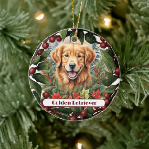 Joyful Golden Retriever, Personalised Christmas Ceramic Ornament