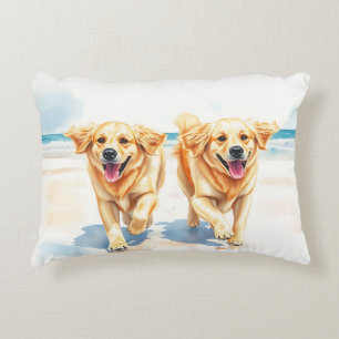 Joyful Golden Retrievers on the Beach – Watercolor Decorative Cushion