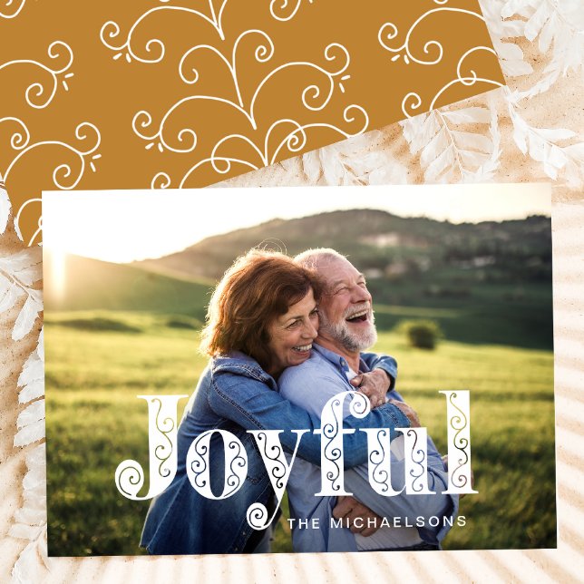 Joyful Golden Yellow Swirls Photo Christmas Holiday Card (Creator Uploaded)