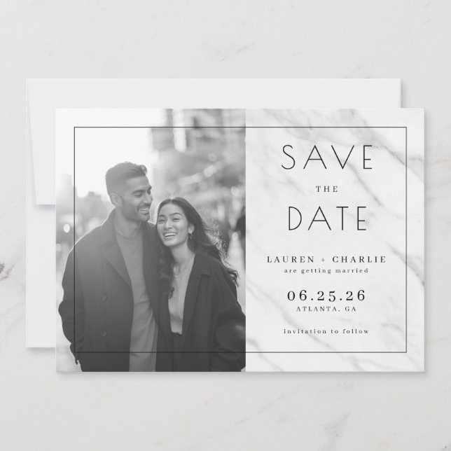 Joyful Grayscale Modern Photo Save The Date (Front)