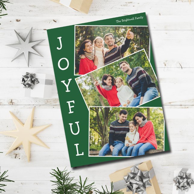Joyful Green 3 Family Photo Collage Christmas Holiday Card (Creator Uploaded)