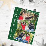 Joyful Green 3 Family Photo Collage Christmas Holiday Postcard<br><div class="desc">Modern green Christmas photo collage postcard with 3 family photographs in a fun overlapping snapshot pattern with white border and the word Joyful written vertically down the side. Find your three favourite pictures for these cute family holiday postcards.</div>