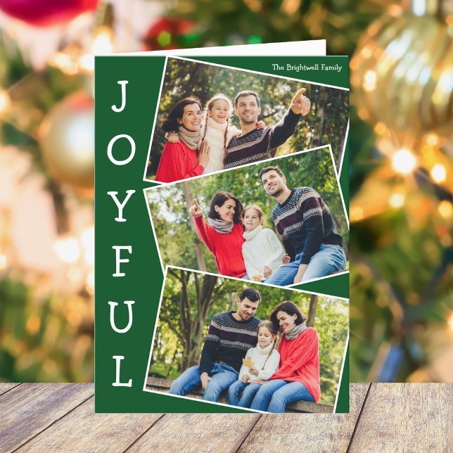 Joyful Green 3 Family Photo Folded Christmas Holiday Card (Creator Uploaded)