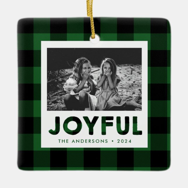 Joyful Green Buffalo Plaid Photo Holiday Ornament (Front)