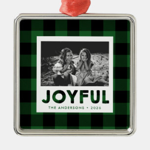 Joyful Green Buffalo Plaid Photo Holiday Ornament