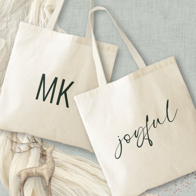 Joyful Green Calligraphy Monogram Initials Tote Bag (Front and back view)