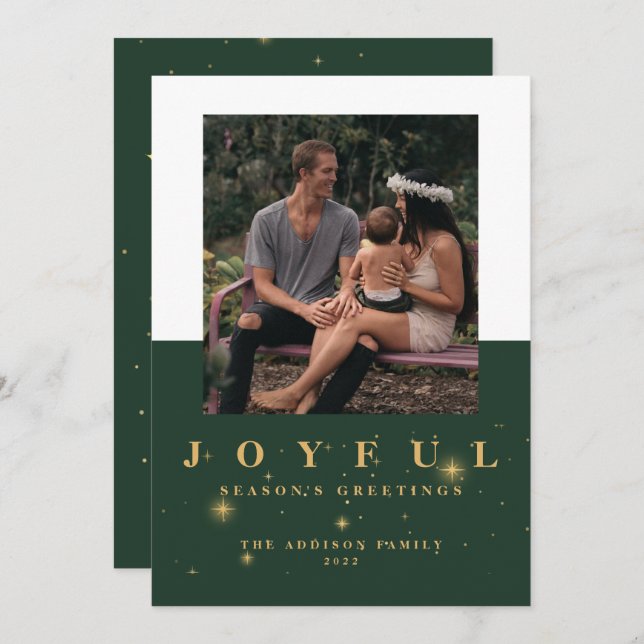 Joyful Green & Gold Two Picture Christmas Holiday Card (Front/Back)