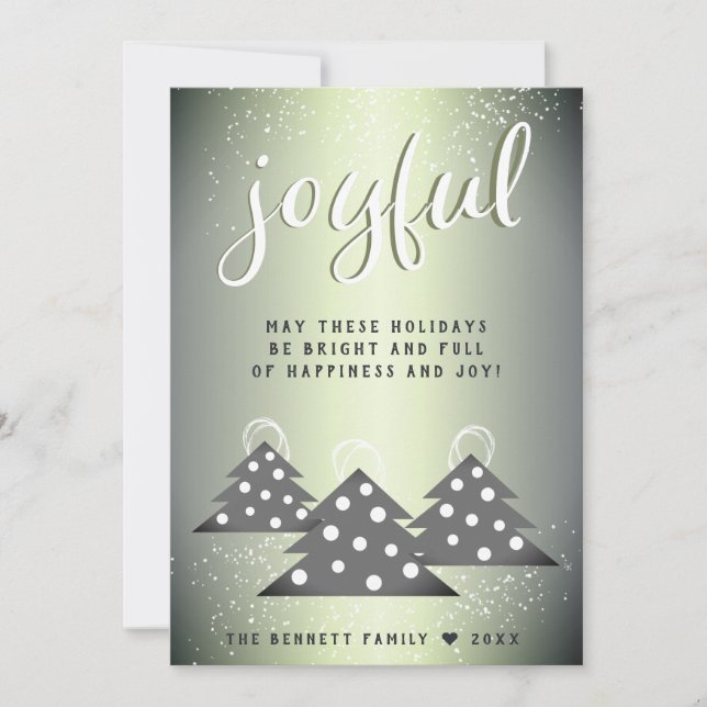 Joyful Green Metallic Christmas Tree Family Holiday Card (Front)